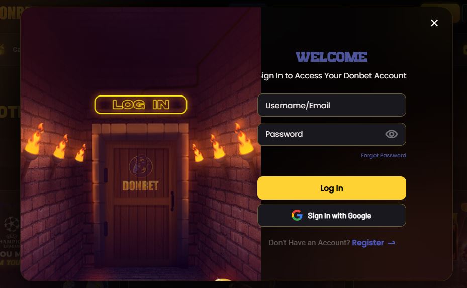 Log in to your Donbet account using your username, email or Google account
